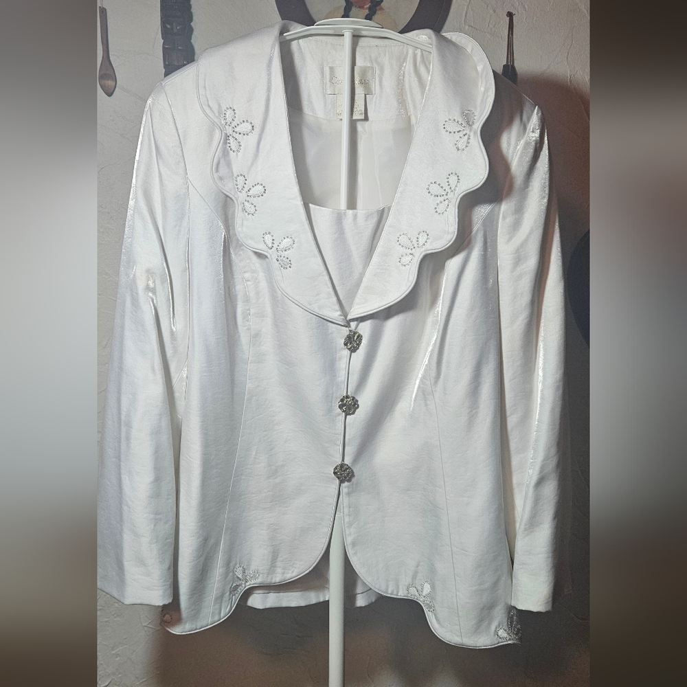 Woman VTG Metallic Ivory Beaded Blazer Sz 16W Lined Embroidery Brooch Buttons